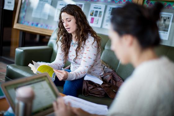 两名波胆网站女学生在图书馆工作的照片, 一个在看书，一个在看电脑